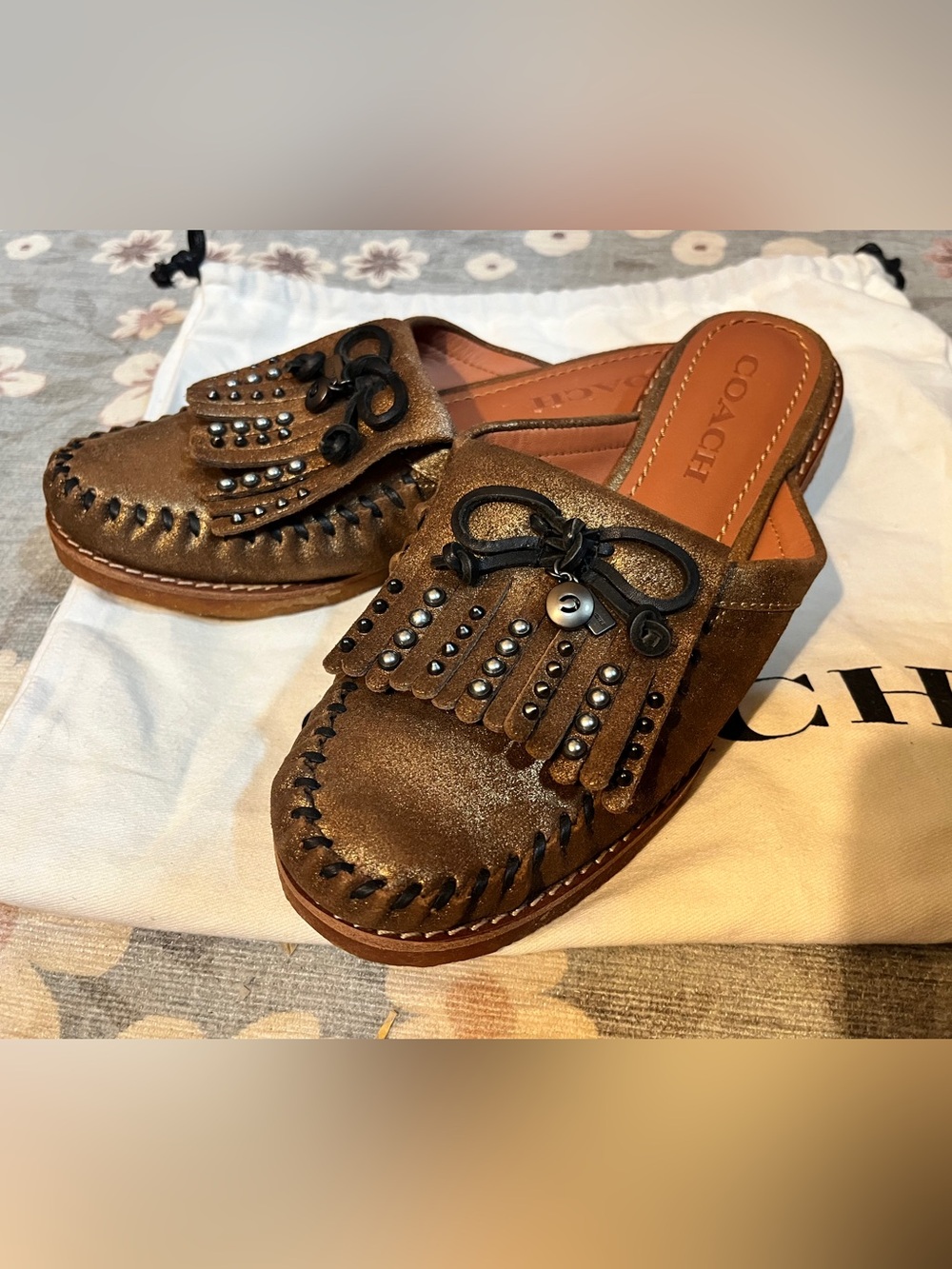 COACH Metallic Brown Studded Fringe Slip-On Mules size 6us new no box